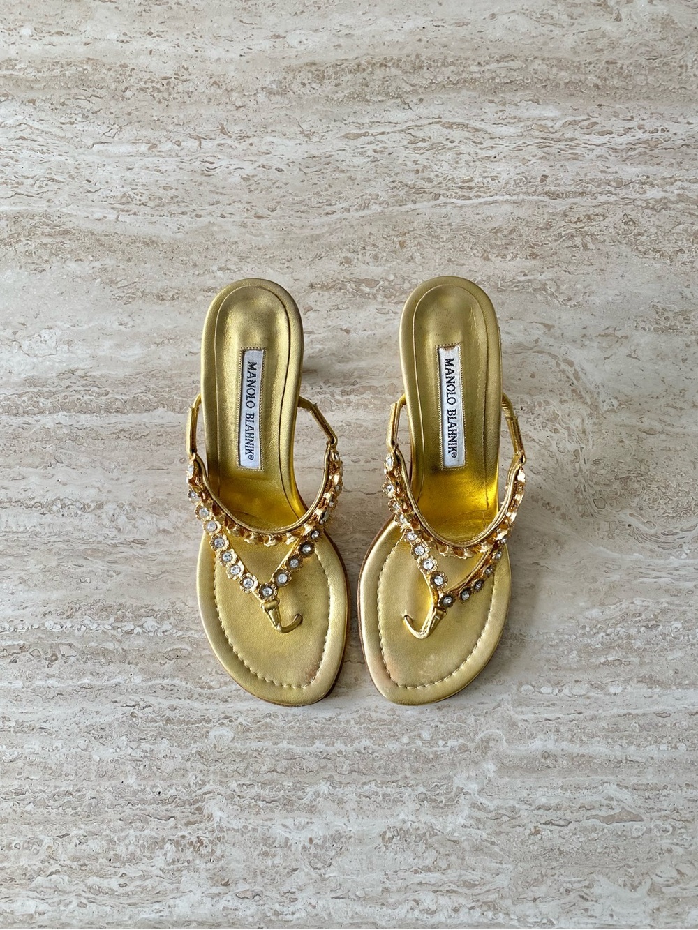 Vintage Manolo Blahnik Crystal Flower Thong Sandal Heels